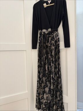 LuLaRoe Black Wrap Maxi Dress with Monochrome Geometric Skirt